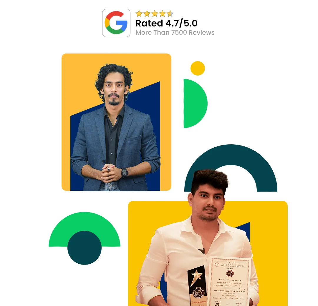 English Partner — Google rated 4.7/5.0, 7500+ reviews, founder and award photos